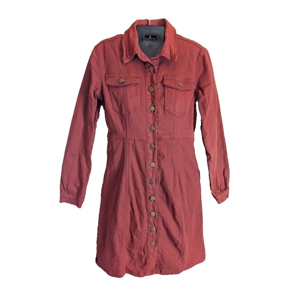 Polagram Western Denim Dress S Red Button Front Country Minimalist Casual Cute